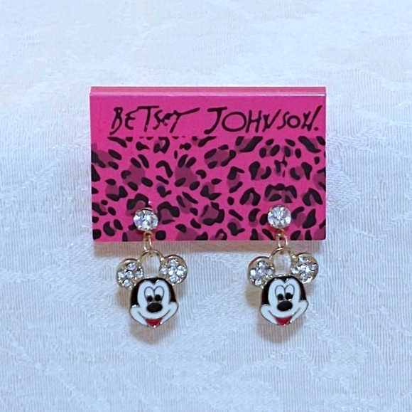 "Mickey Mouse" stud drop earrings red/black/white enamel, rhinestones, Gold tone - Picture 1 of 3